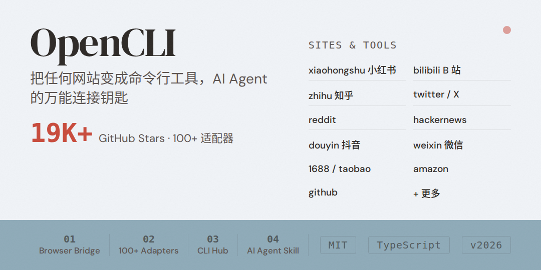 OpenCLI 调研:把任何网站、Electron 应用变成你的命令行工具,AI Agent 的万能连接钥匙 OpenCLI 调研:把任何网站、Electron 应用变成你的命令行工具,AI Agent 的万能连接钥匙