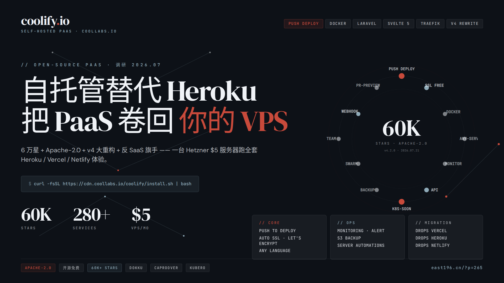 Coolify 调研：6 万星的开源 Heroku 自托管替代品，v4 大重构把 PaaS 卷回你的 VPS